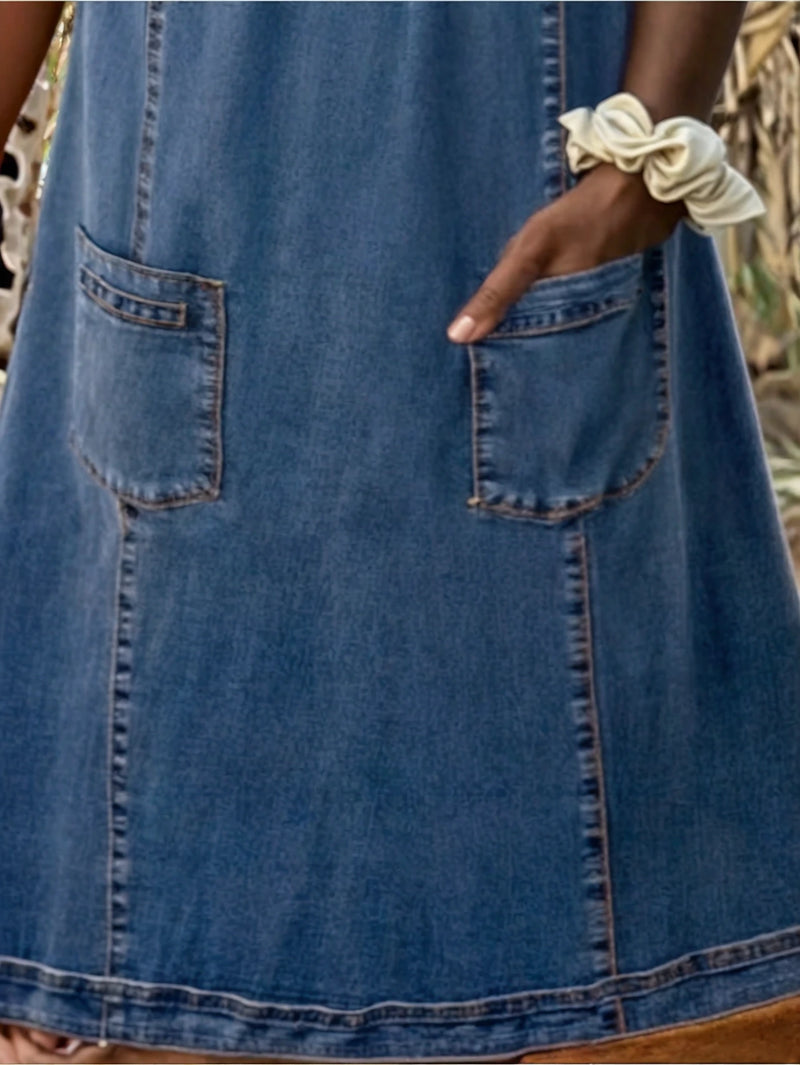 Polixeni | Vestido Denim Cuello V Bolsillos