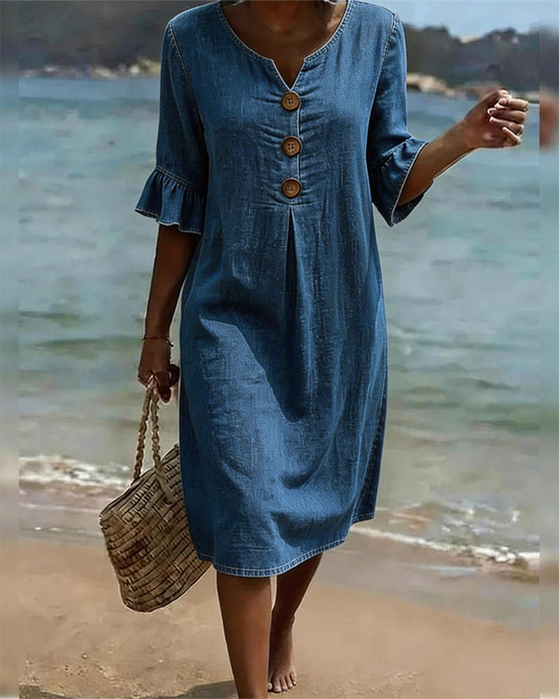 Fammke - Vestido Midi Con Botones y Manga Volante