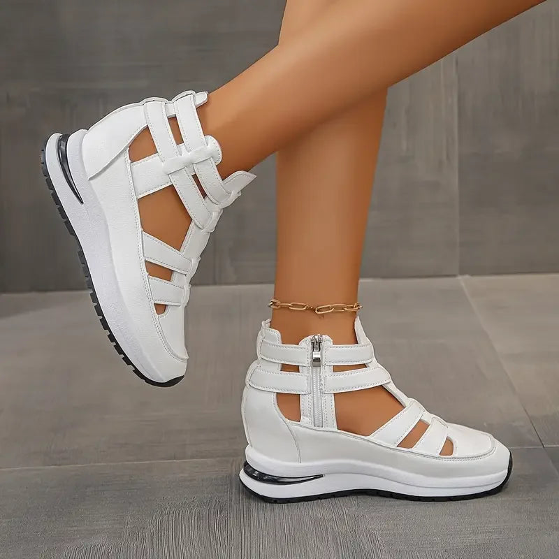 Souad - Sandalias de cuña con plataforma y tiras caladas con cremallera