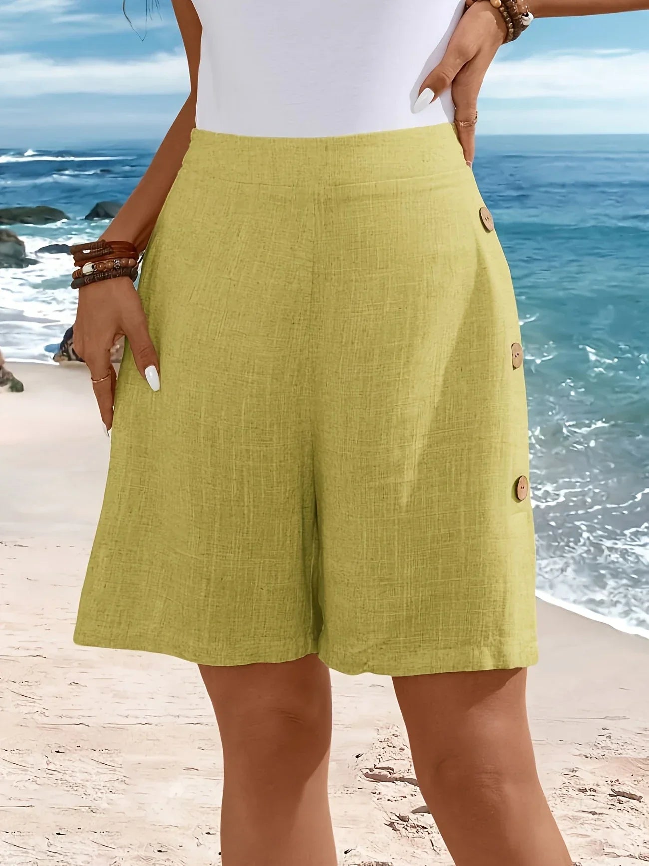 Fenella | Pantalones Cortos Hasta La Rodilla De Cintura Alta Con Detalle De Botones