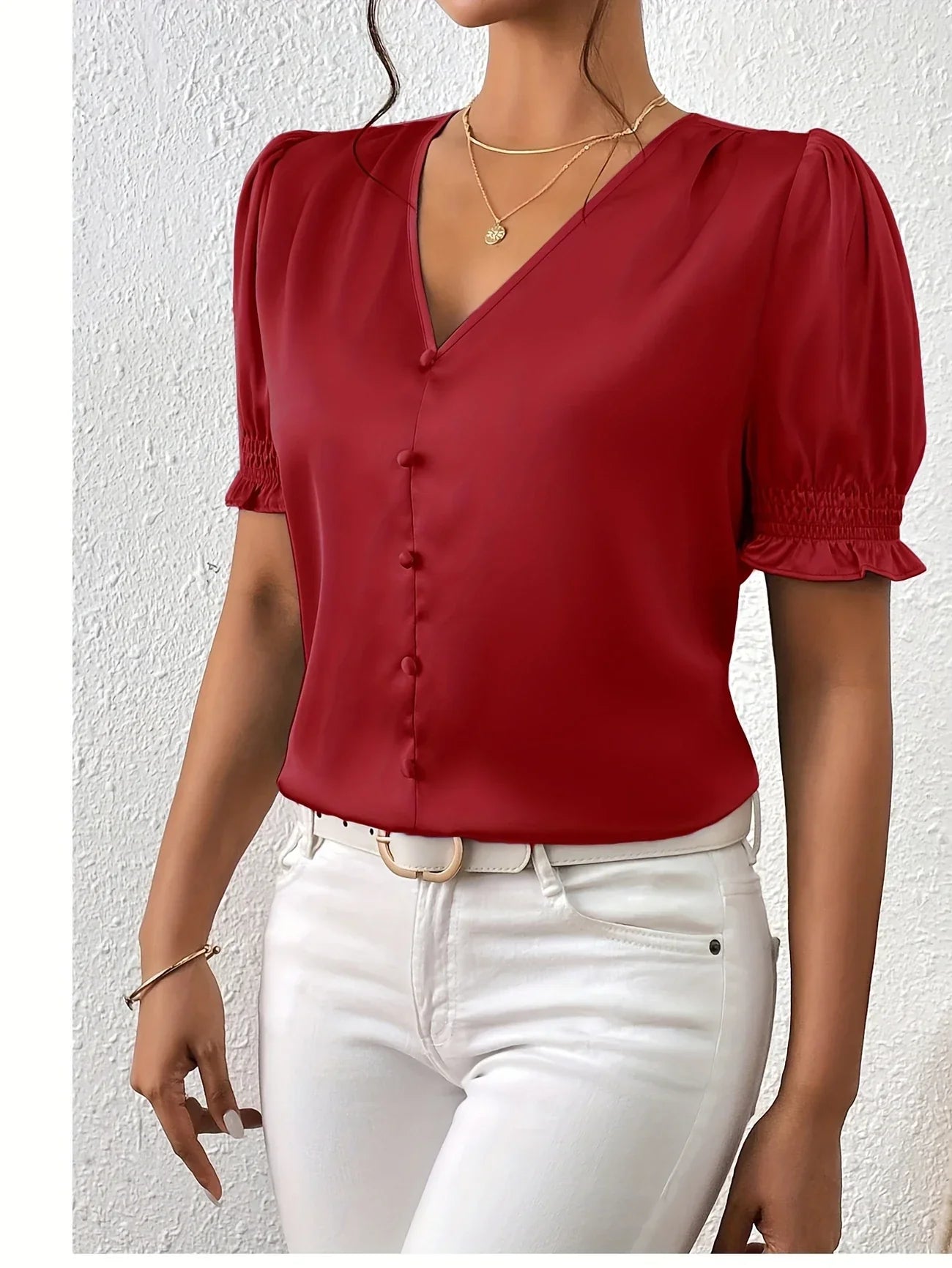 Abella | Blusa Con Cuello en V Mangas Abullonadas y Botones en la Parte Delantera