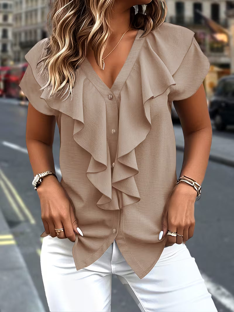 Salma - Blusa Con Cuello en V y Volantes en la Parte Delantera
