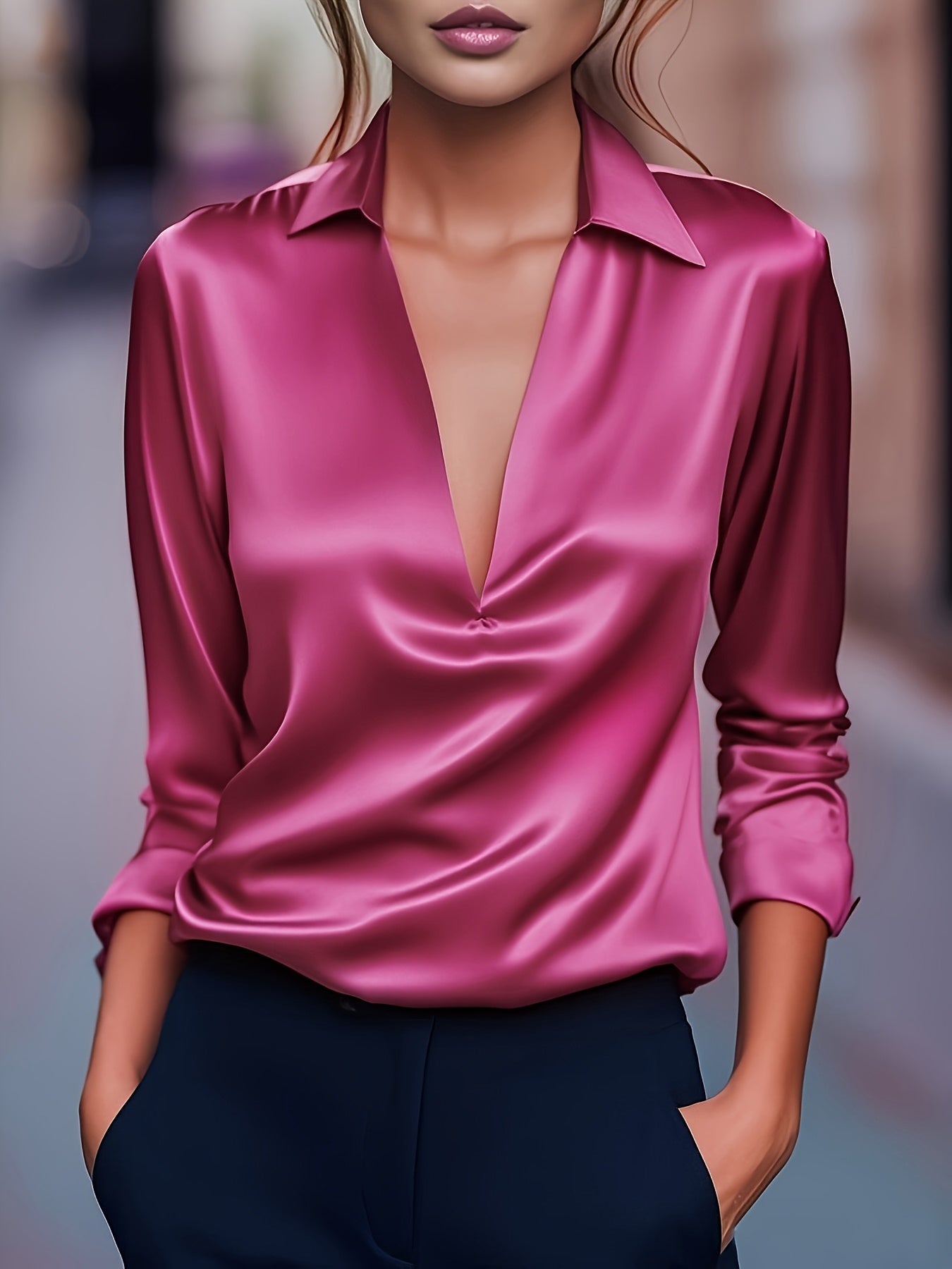 Kyrra – Blusa de Manga Larga Con Cuello en V de Satén