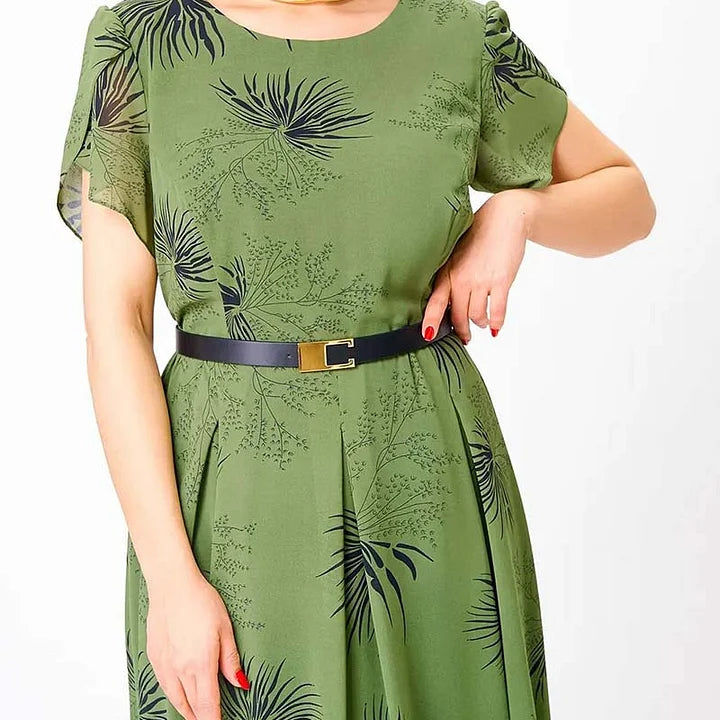 Basma | Vestido midi de Manga Corta con Estampado de hojas Verdes