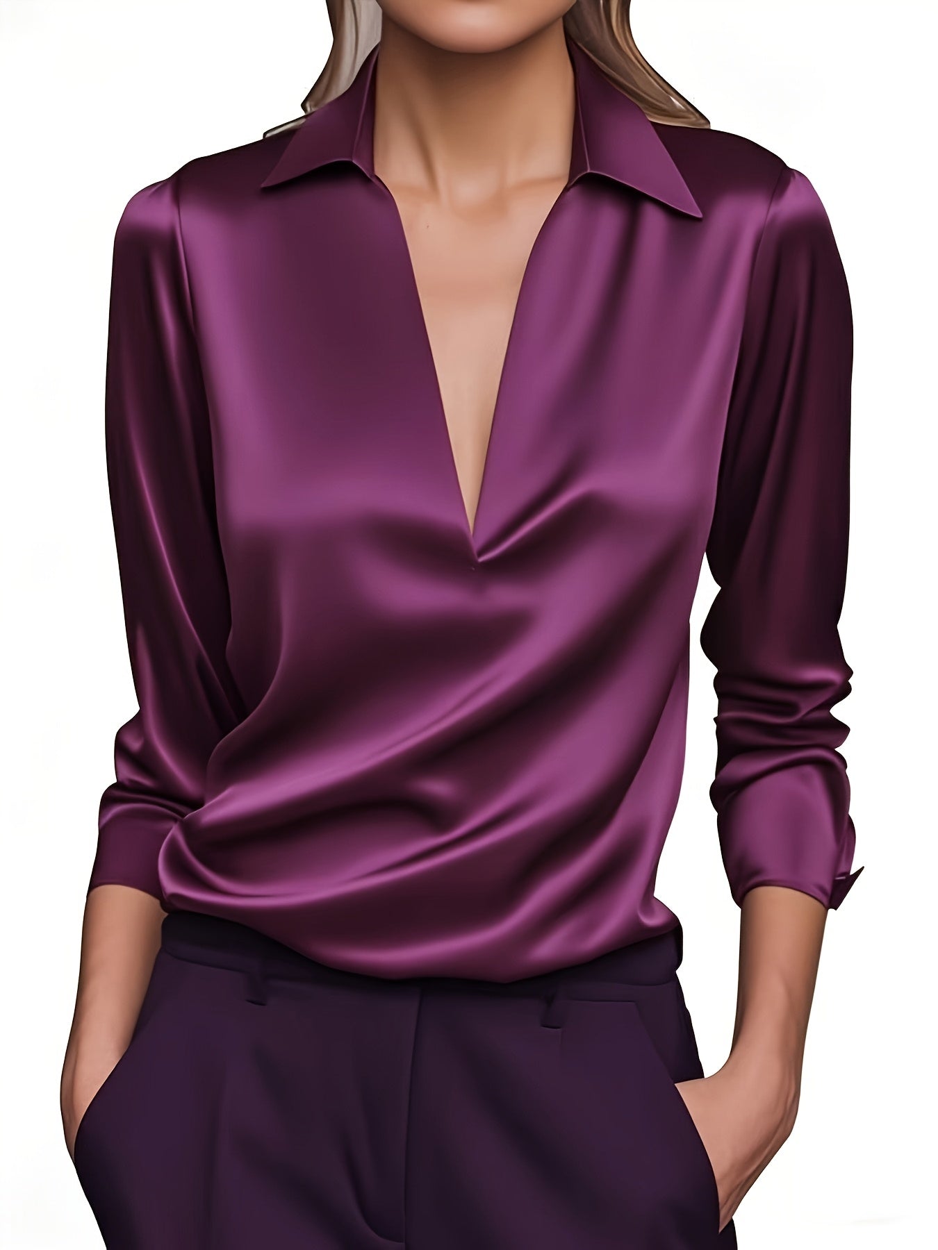 Kyrra – Blusa de Manga Larga Con Cuello en V de Satén