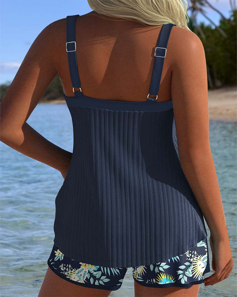 Elvia | Tankini Acanalado Floral Con Shorts