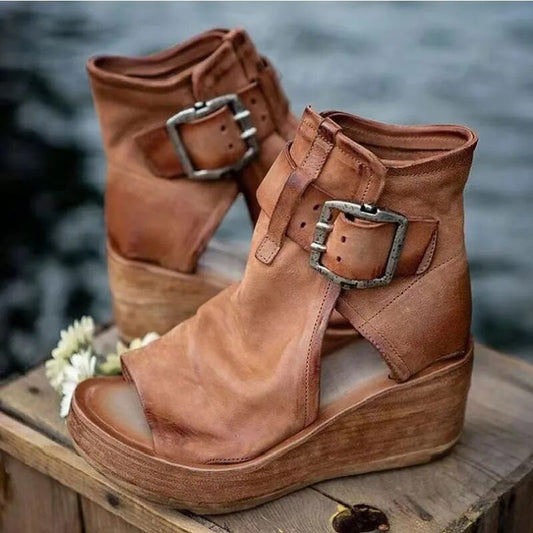 Niasya - Botines de Cuña Con Correa y Hebilla y Punta Abierta