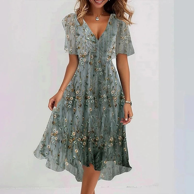 Senim - Vestido Midi Floral Con Cuello en V
