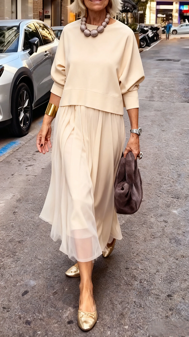 Efrata | Vestido midi Plisado con Capas y Manga Larga
