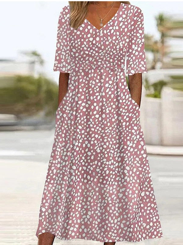 Ester | Vestido midi Rosa Estampado con Cuello en V