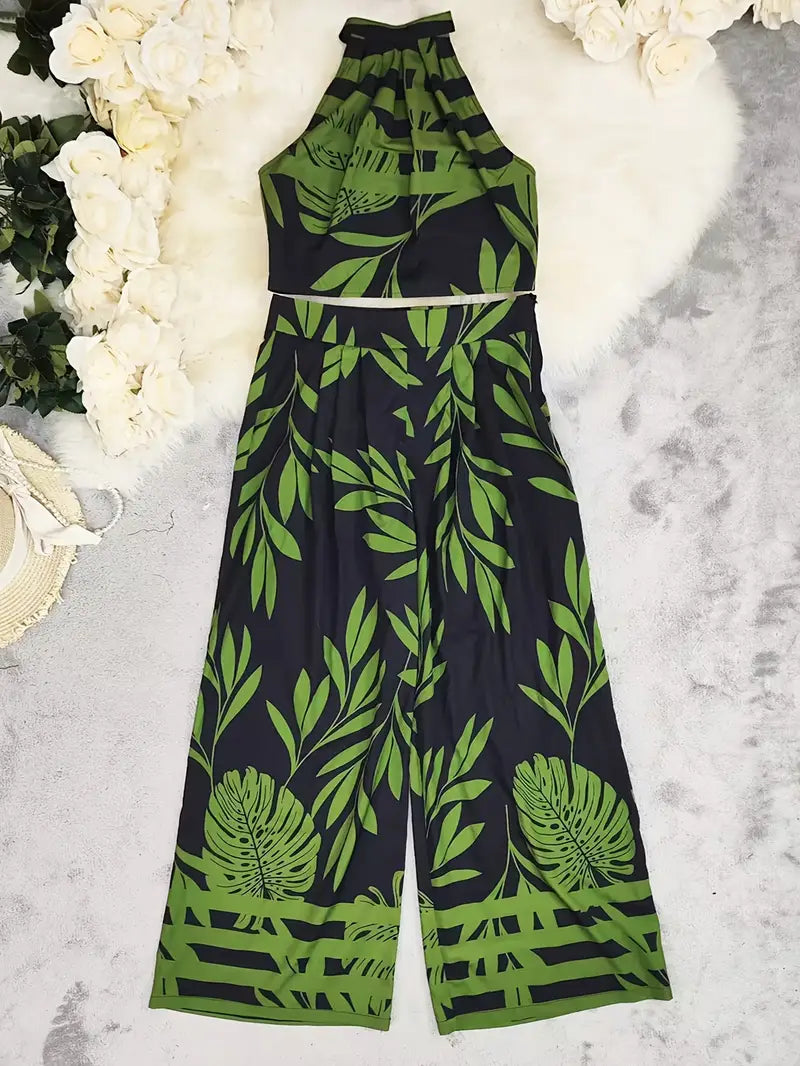 Zirina | Conjunto De Top Corto Con Cuello Halter Y Pantalón De Pierna Ancha