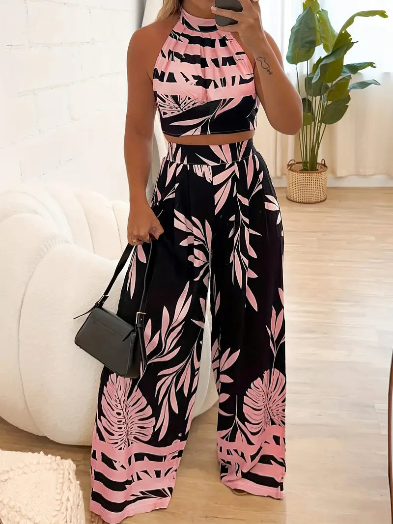 Zirina | Conjunto De Top Corto Con Cuello Halter Y Pantalón De Pierna Ancha