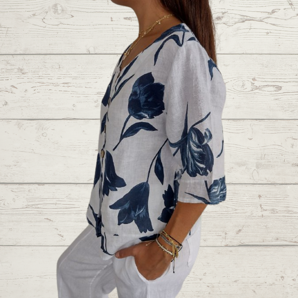 Despoina - Blusa con Estampado Floral Cuello en V y Botones en la Parte Delantera