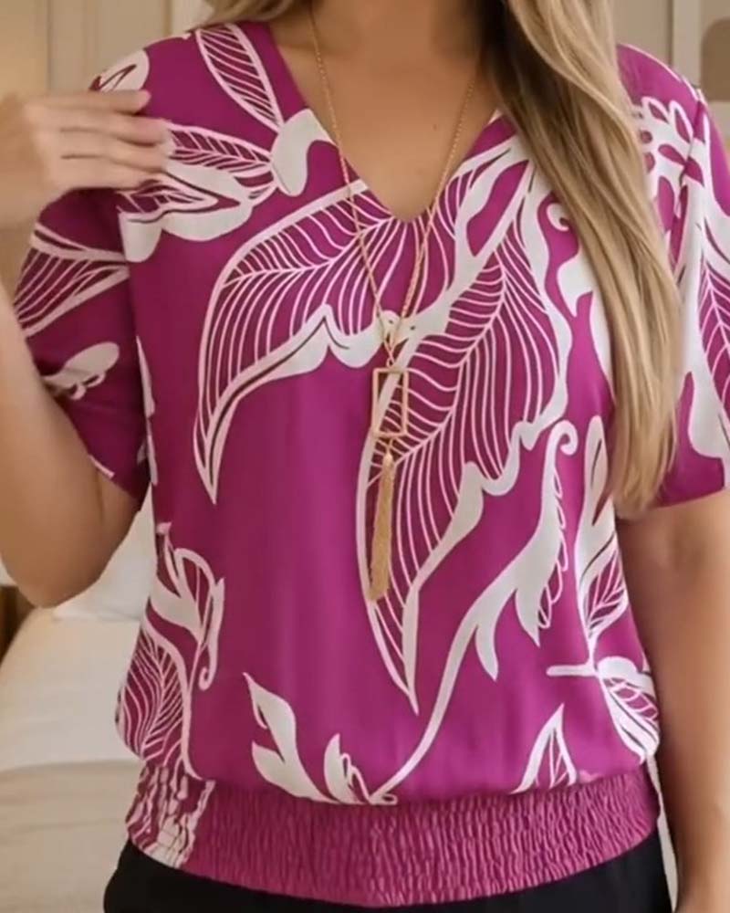 Isheba | Blusa Con Estampado de Hojas y Bajo Fruncido