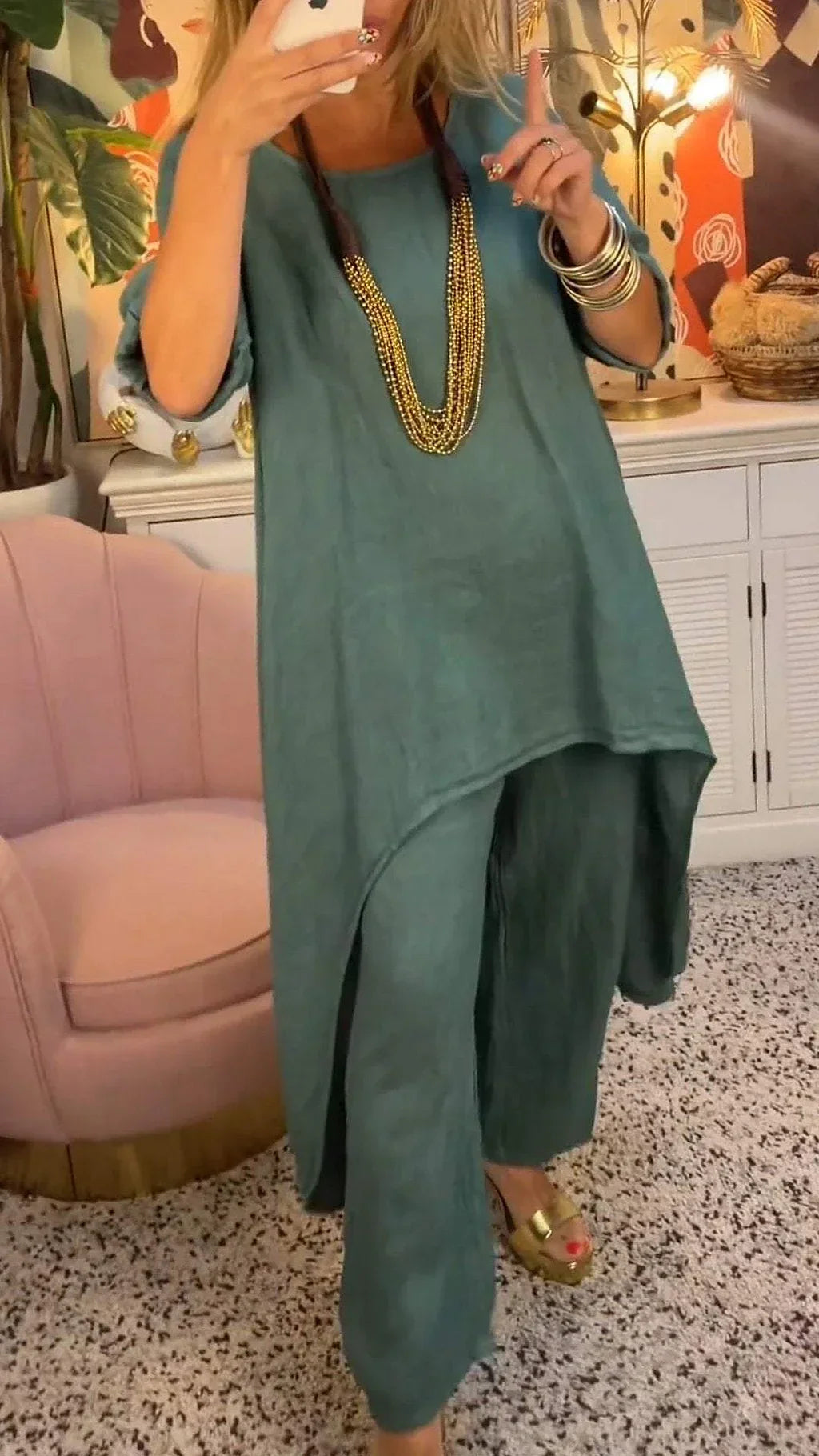 Maryla | Conjunto De Dos Piezas: Túnica Asimétrica Y Pantalones Verdes