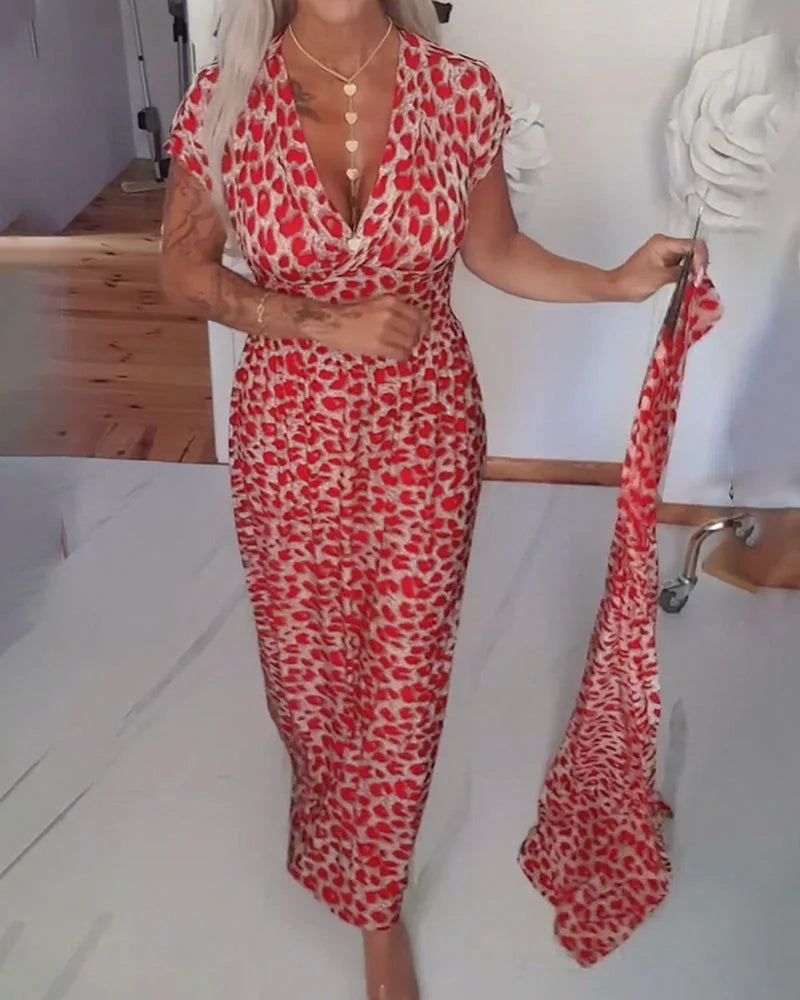 Erendira - Vestido Midi con Cuello en V y Estampado de Leopardo Manga Corta