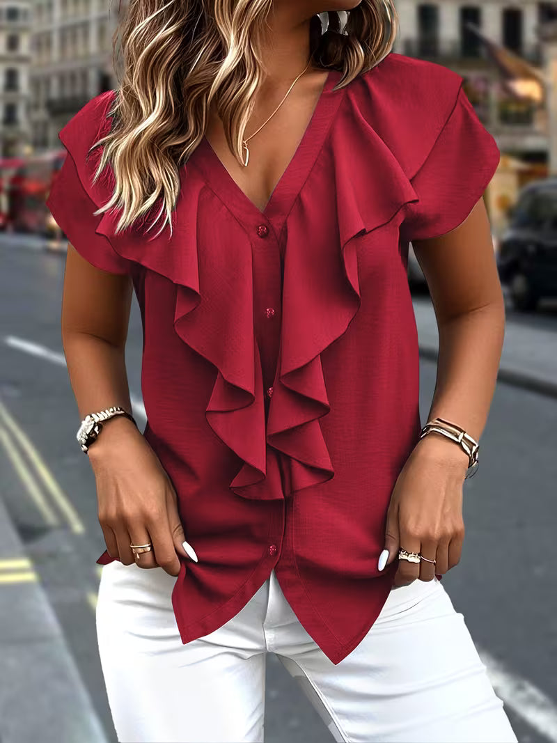 Salma - Blusa Con Cuello en V y Volantes en la Parte Delantera