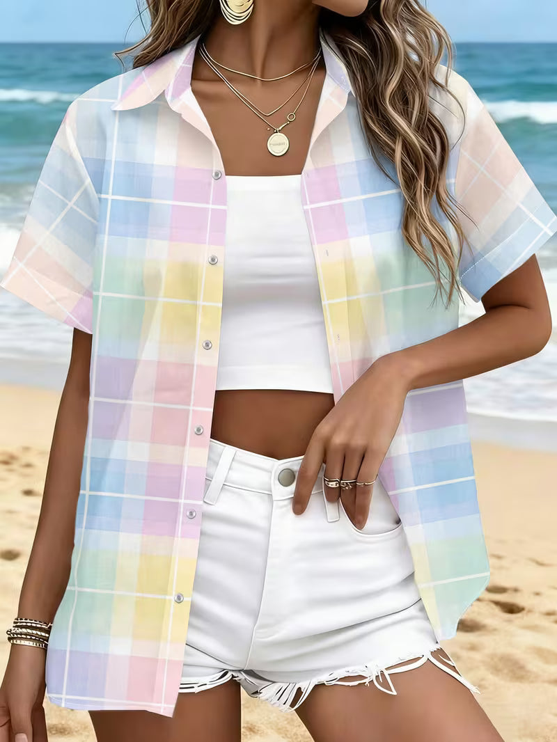 Harrell | Camisa de manga Corta a Cuadros en Tonos pastel con Botones