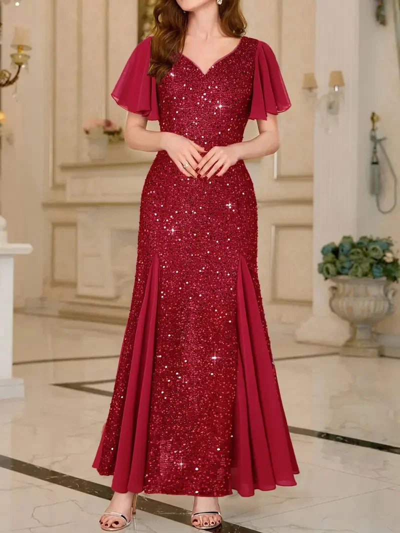 Hinrikka | Vestido Largo Con Mangas Con Volantes Y Lentejuelas