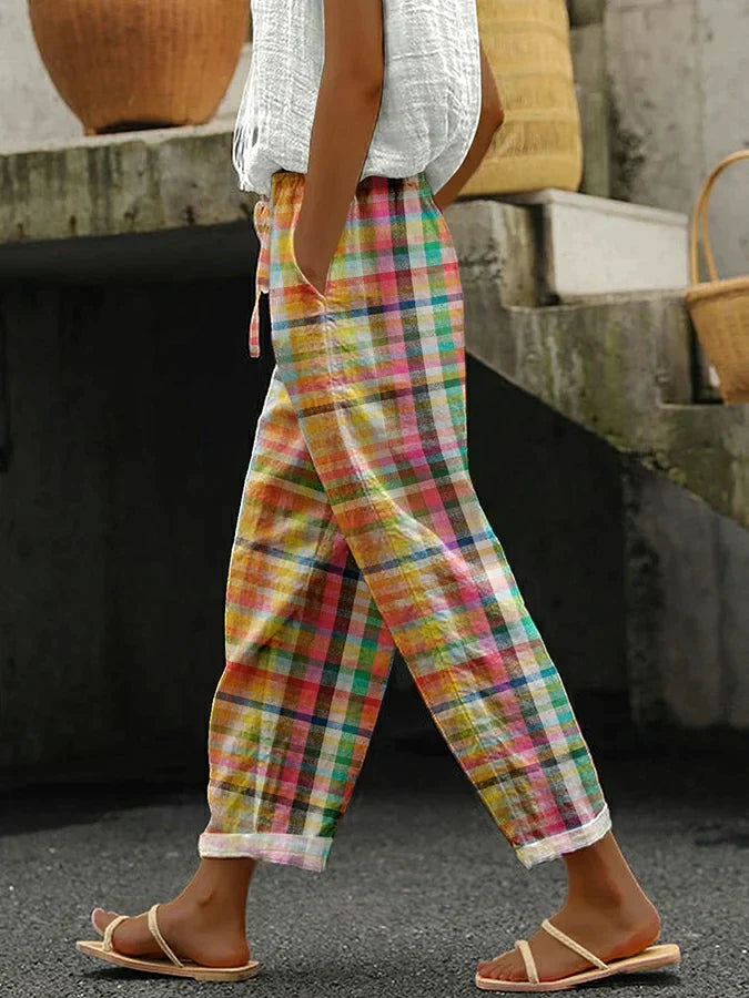 Bertilla | Pantalón Recto Mujer Lino Cuadros Estampado