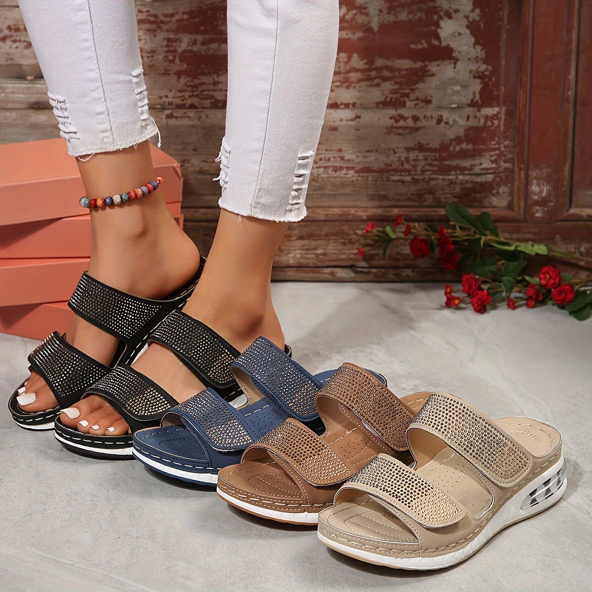Carole | Sandalias Cuña Abiertas con Tiras Brillantes