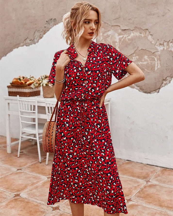 Carine | Vestido Estampado de Manga Corta Cuello V