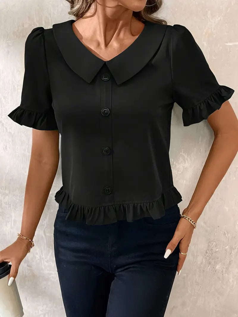 Foteini - Blusa de Manga Corta Con Cuello Peter Pan