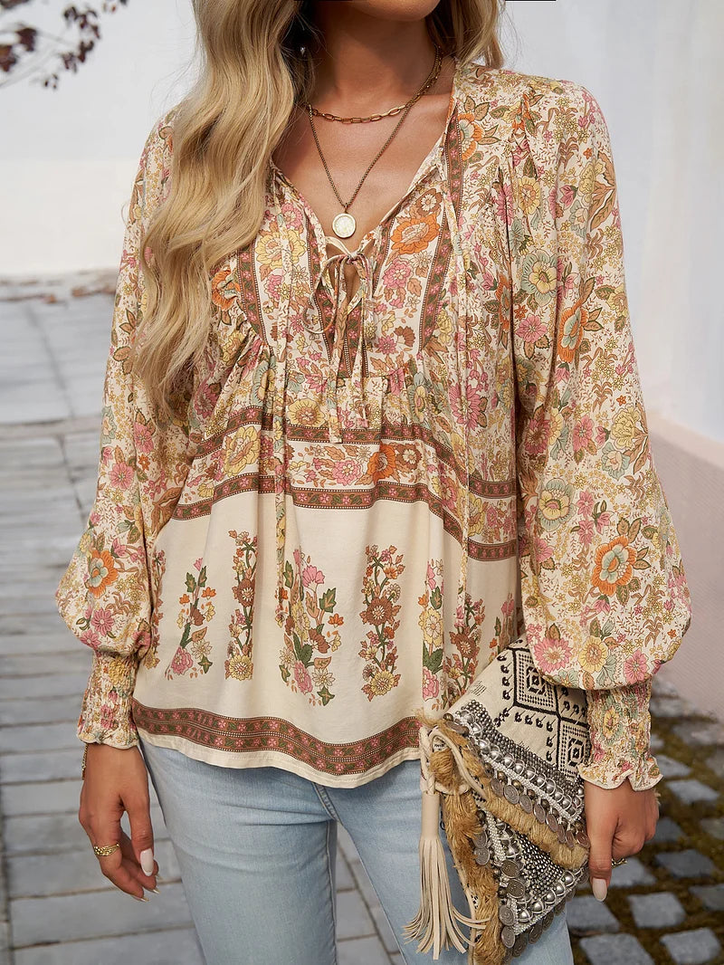 Sallie - Blusa Campestre Con Estampado Floral y Lazo en el Cuello