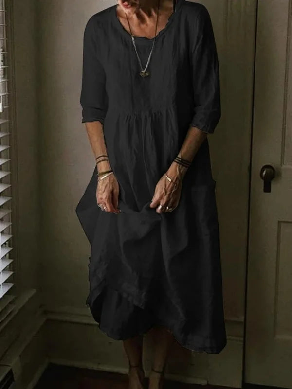 Tasoula | Vestido Midi Cuello Redondo Manga Tres Cuartos