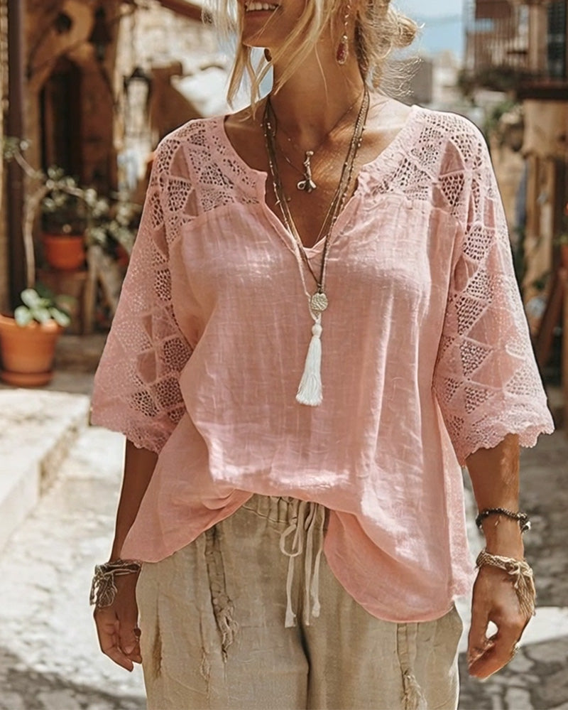 Essien - Blusa Holgada Con Cuello en V y Mangas de Encaje