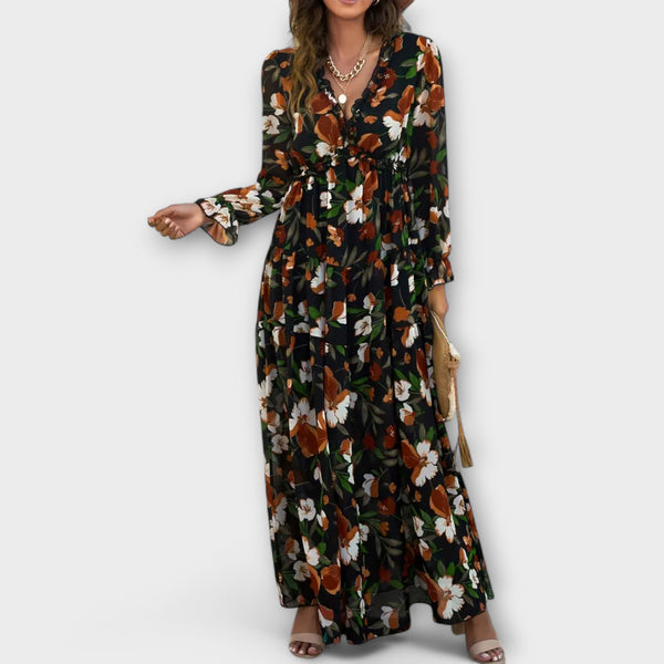Vanna | Vestido Largo Floral con Escote en V y Manga Larga