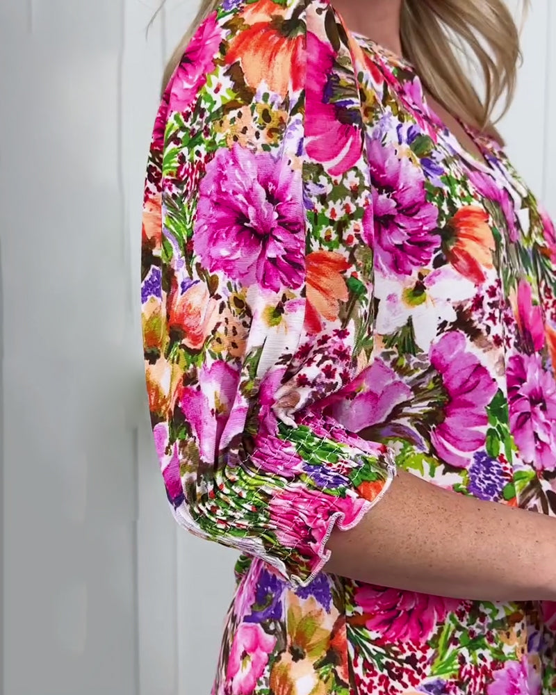 Niliza | Blusa Túnica con Cuello en V y Estampado Floral