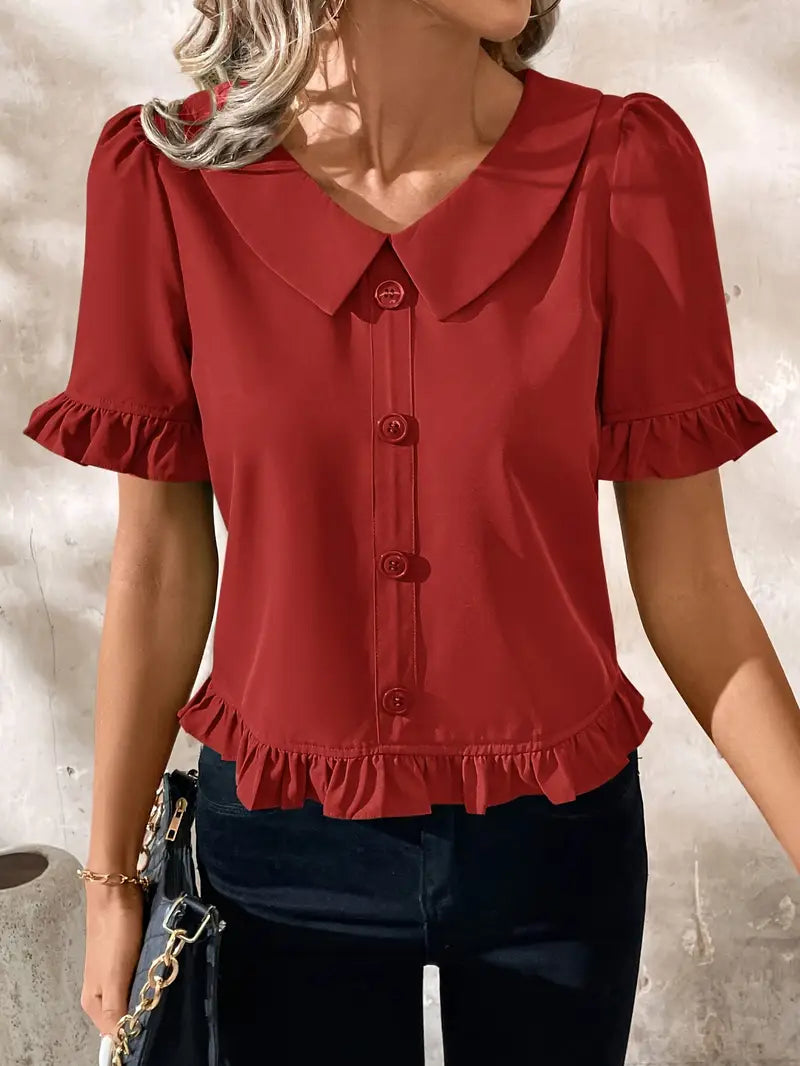 Foteini - Blusa de Manga Corta Con Cuello Peter Pan