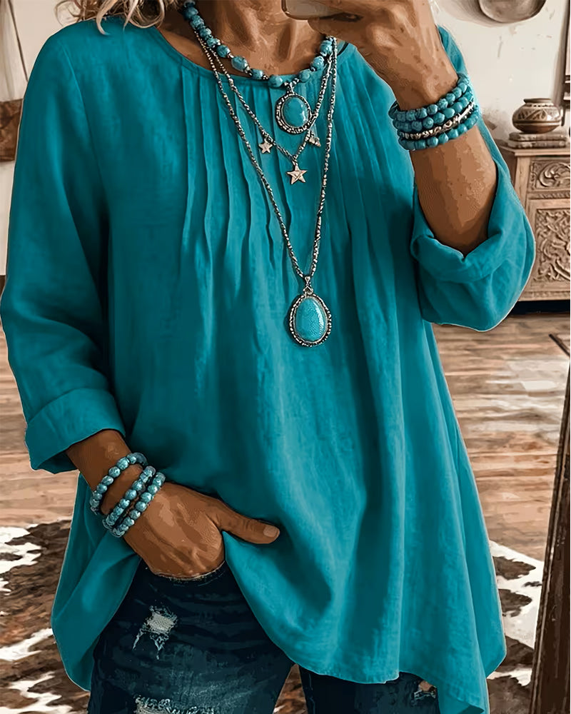 Taireen | Blusa Túnica Con Cuello Redondo Plisado