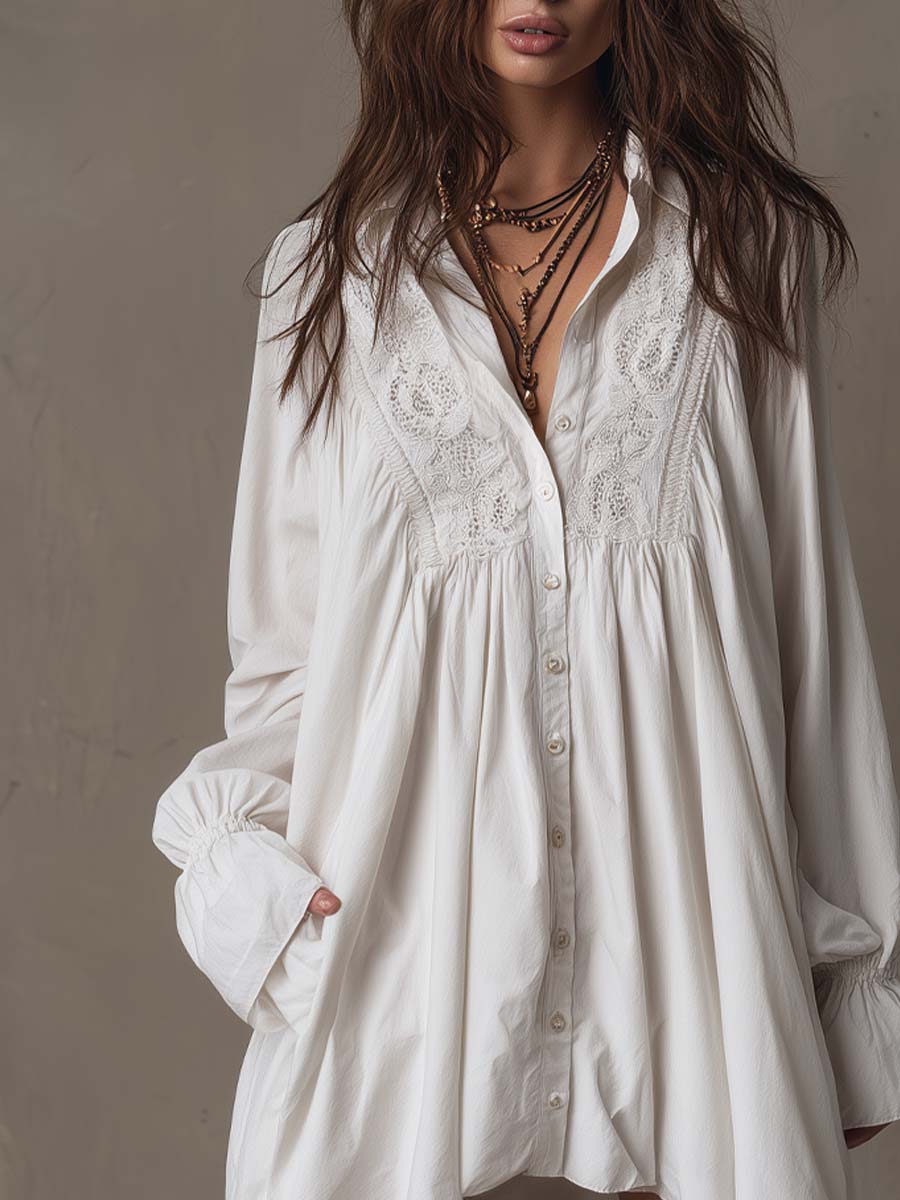 Amparo - Vestido Camisero Blanco de Manga Larga