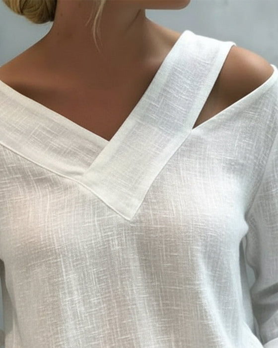 Makeeta - Blusa de Manga Larga con cuello en V Asimétrico