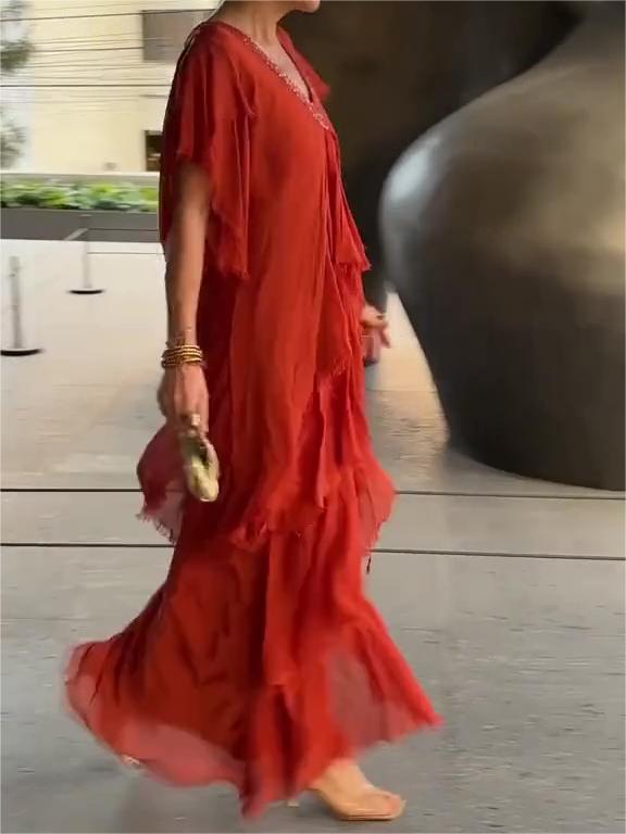 Carlijn - Vestido Largo con Volantes y Cuello en V, manga Corta