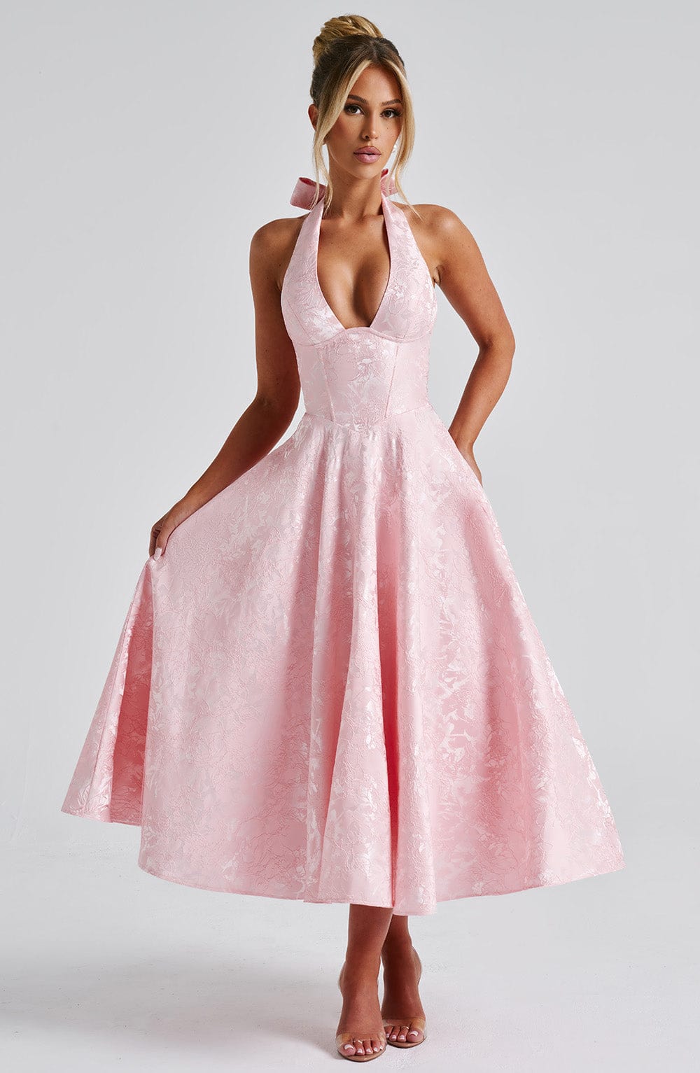 Myra | Vestido Midi Blanco Con Cuello Halter Jacquard