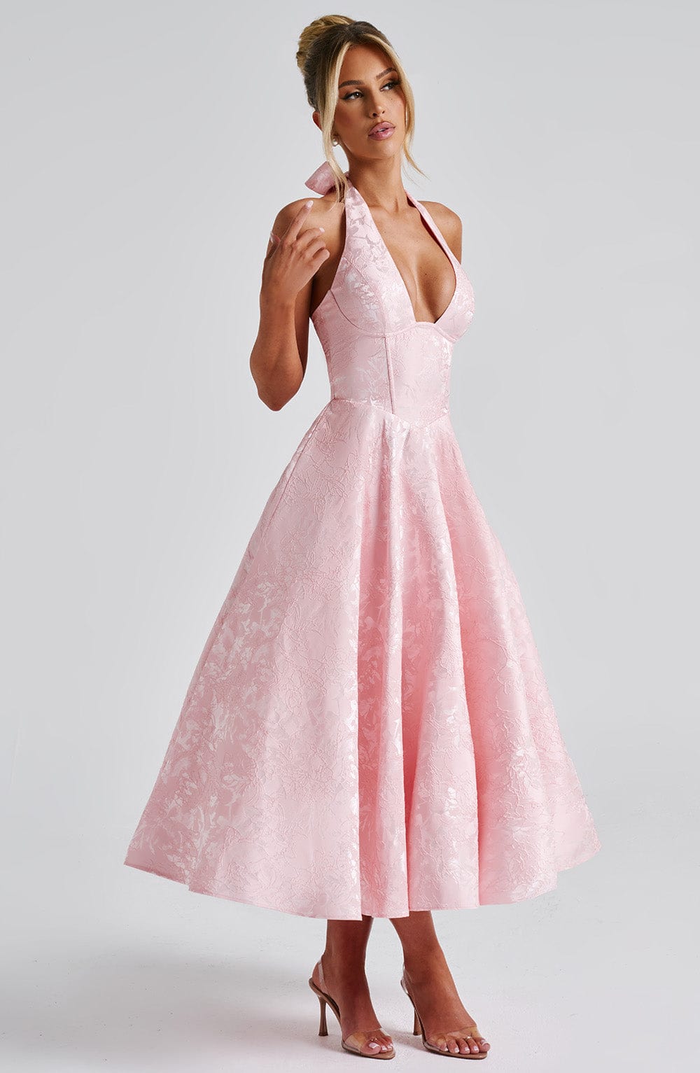 Myra | Vestido Midi Blanco Con Cuello Halter Jacquard