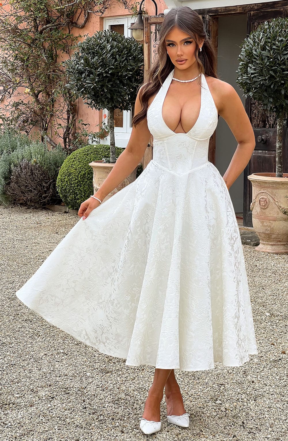 Myra | Vestido Midi Blanco Con Cuello Halter Jacquard
