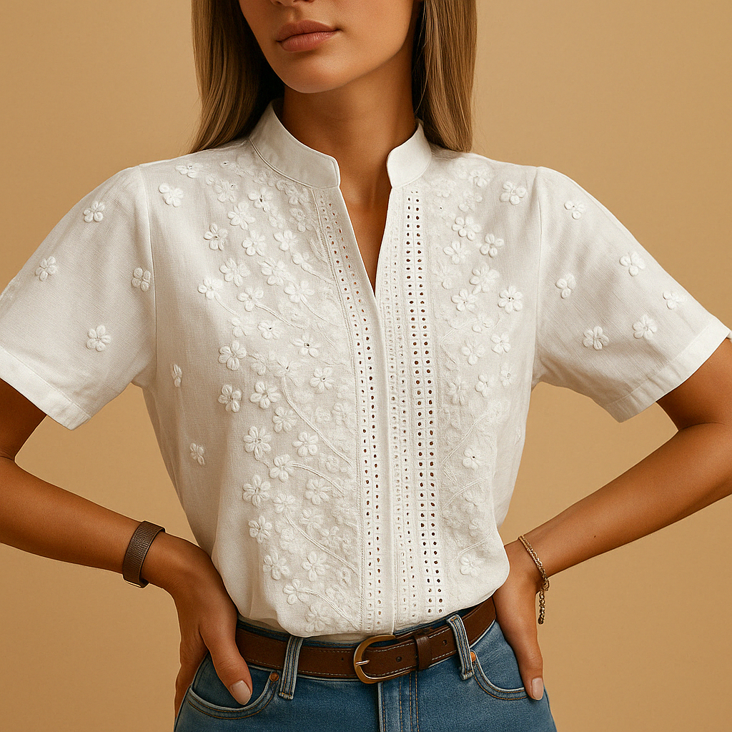 Leanaa - Blusa de Manga Corta Con Bordado Floral