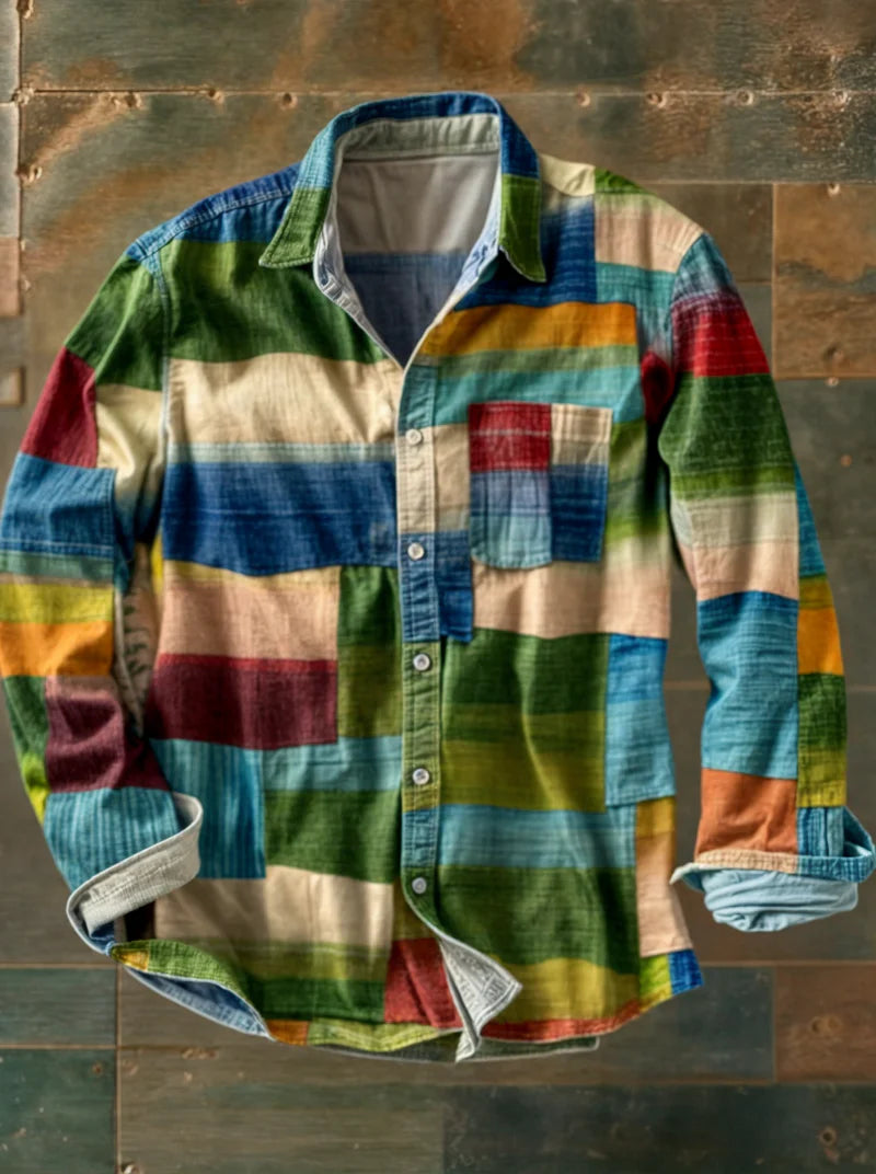 Germaine- Camisa unisex de manga Larga con Botones y Diseño Patchwork Multicolor