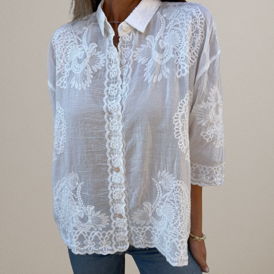 Nalini | Blusa Blanca Bordada con Cuello Clásico
