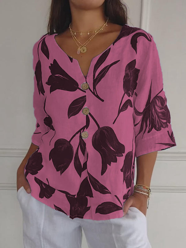 Despoina - Blusa con Estampado Floral Cuello en V y Botones en la Parte Delantera