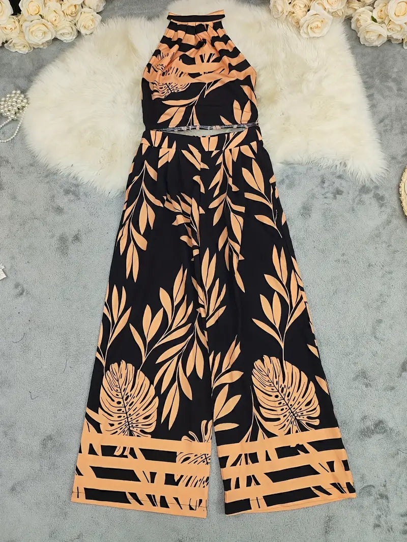 Zirina | Conjunto De Top Corto Con Cuello Halter Y Pantalón De Pierna Ancha