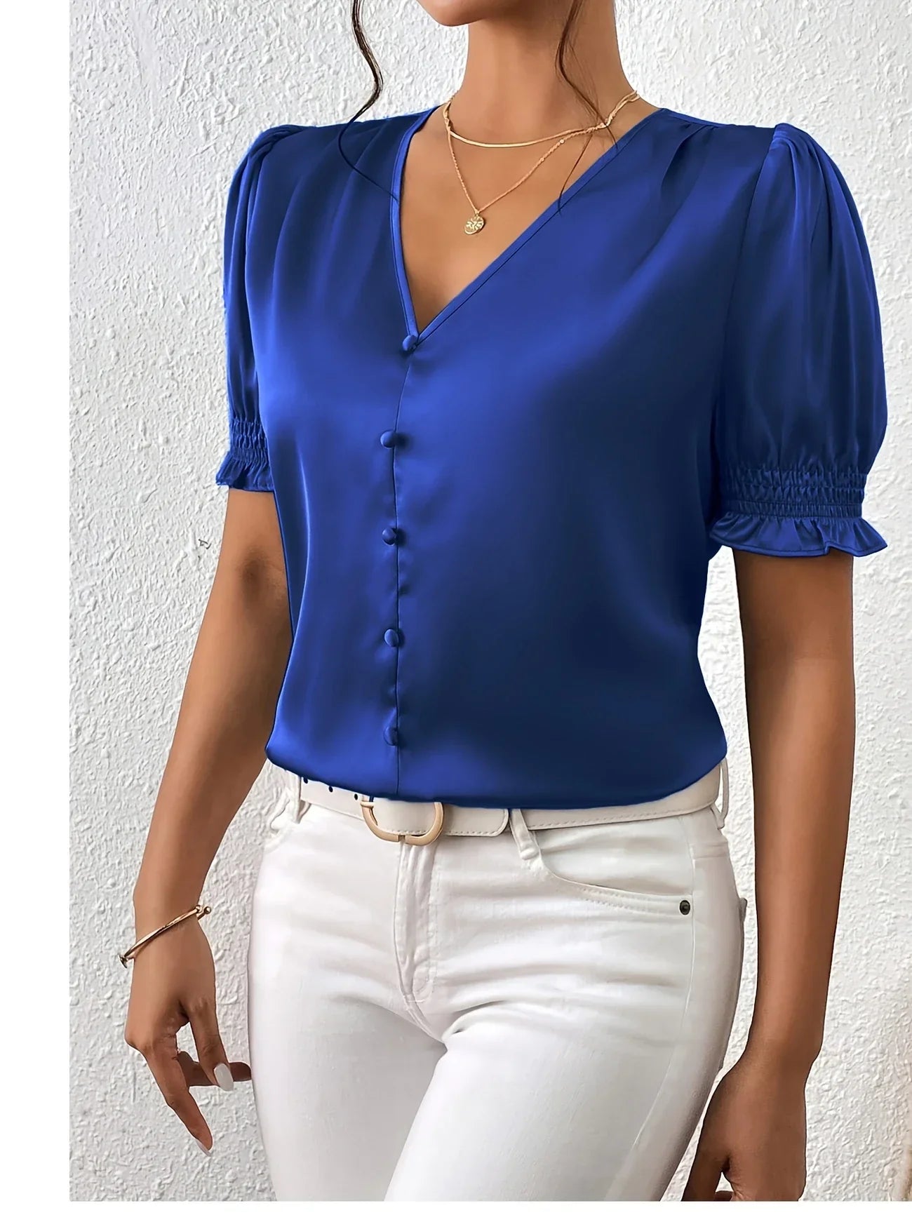 Abella | Blusa Con Cuello en V Mangas Abullonadas y Botones en la Parte Delantera