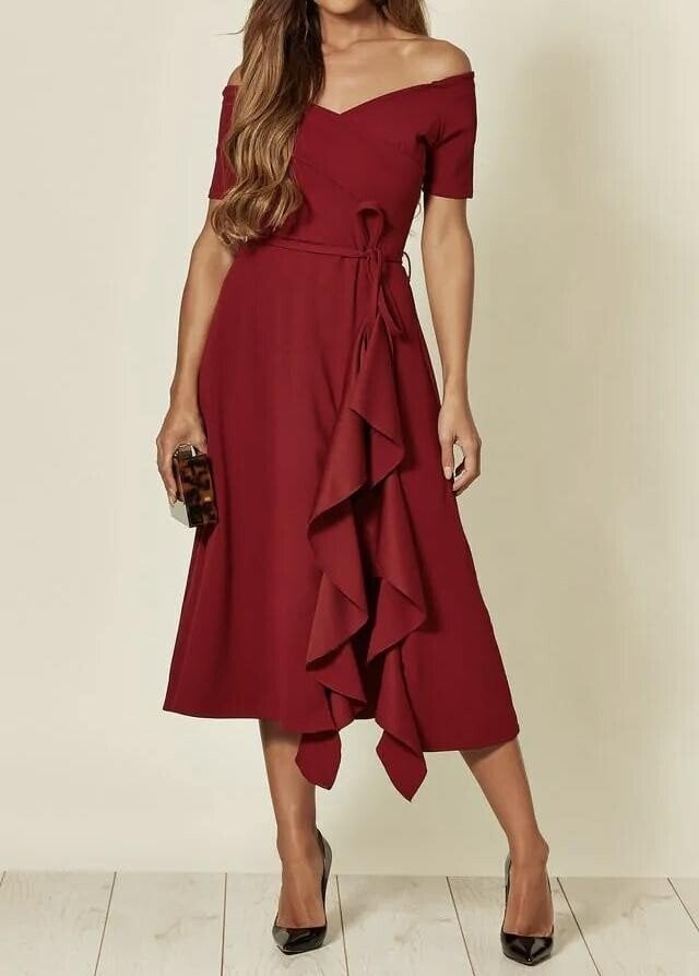Valerie | Vestido Con Hombros Descubiertos, Volantes Y Bajo Cruzado