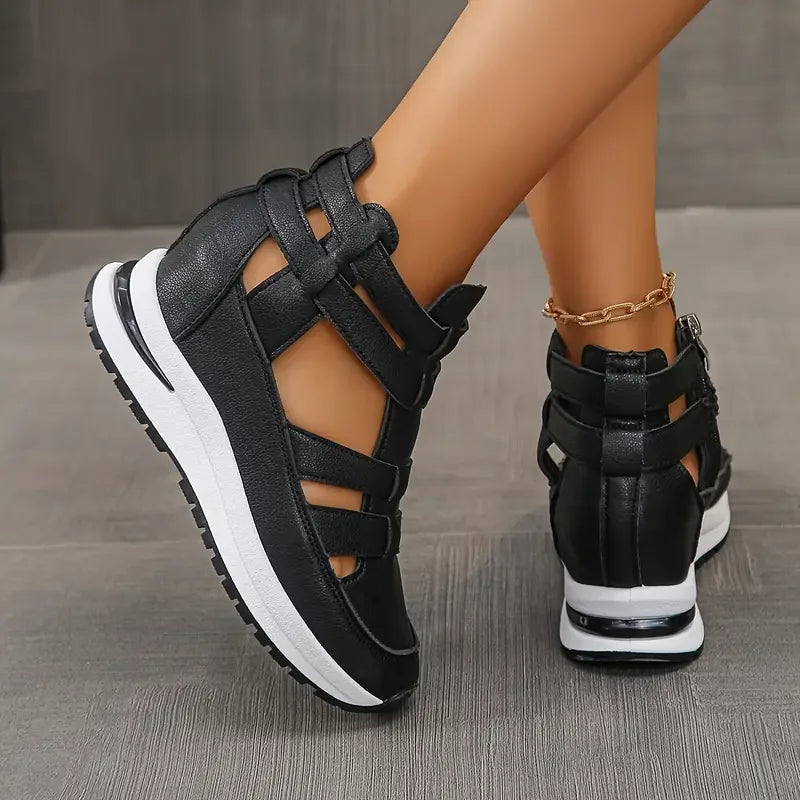 Souad - Sandalias de cuña con plataforma y tiras caladas con cremallera