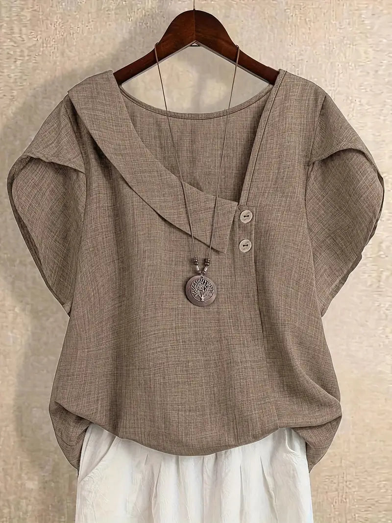 Milany - Blusa Informal De Manga Corta Con Cuello Asimétrico Y Detalle De Botones