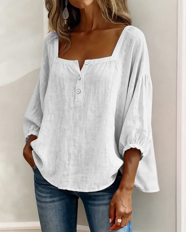 Leontien | Blusa Lino Cuello Cuadrado Botones Manga Globo